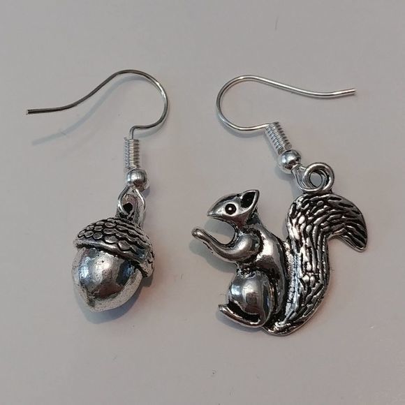 Squirrel Acorn Fall Asymmetrical Silver Earrings - Picture 5 of 6